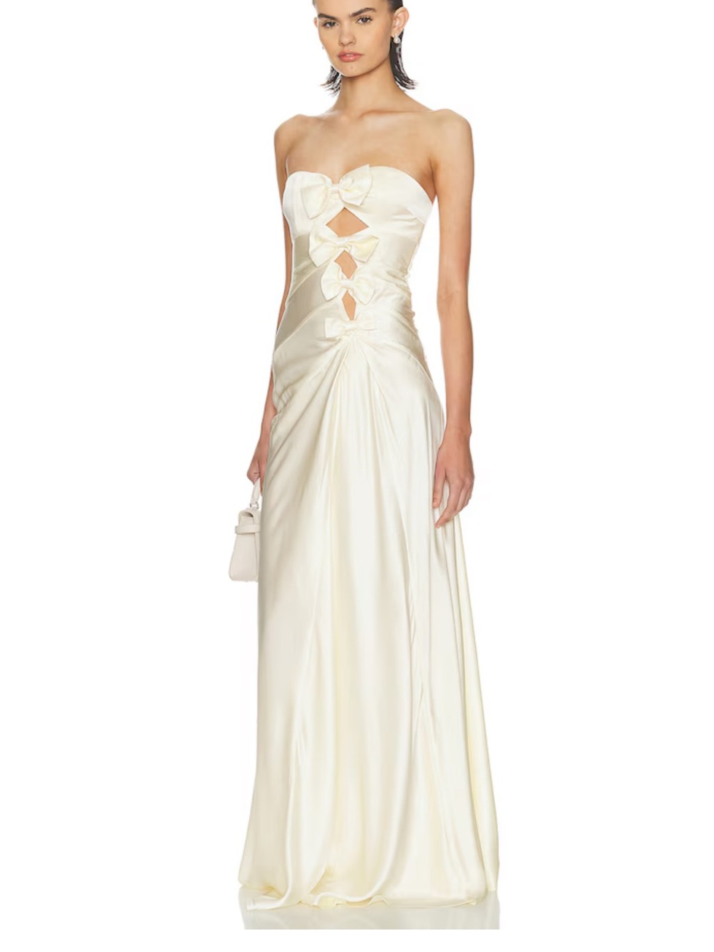 Strapless Ivory Satin Gown with Decorative Bows